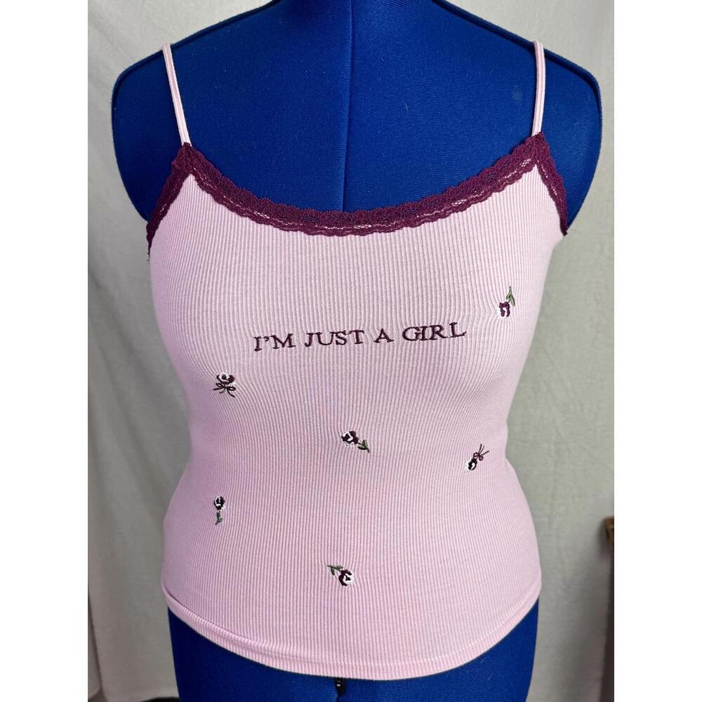 outlaw‎ los angeles pink ribbed lace trim cami embroidered y2k baby tee tank